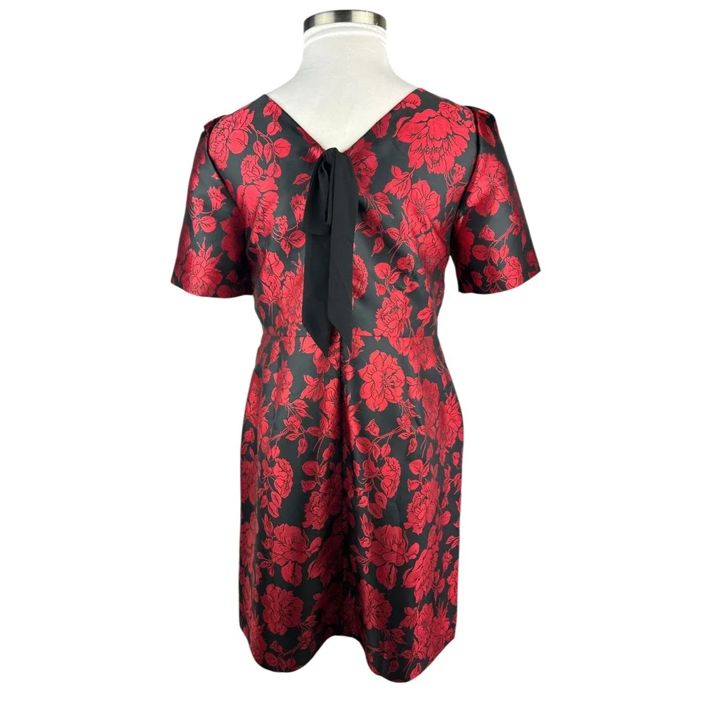 NWT Talbots Back Bow Floral Jacquard A-Line Dress Red Black Lined Zip Size 14 - Picture 9 of 16